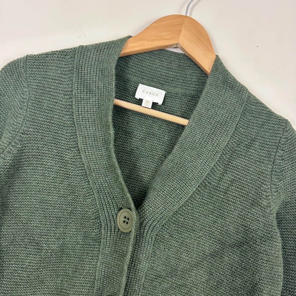 Cyrus Cardigan Sweater Green Button Front Knit Rayon Cozy Minimalist Womens XS